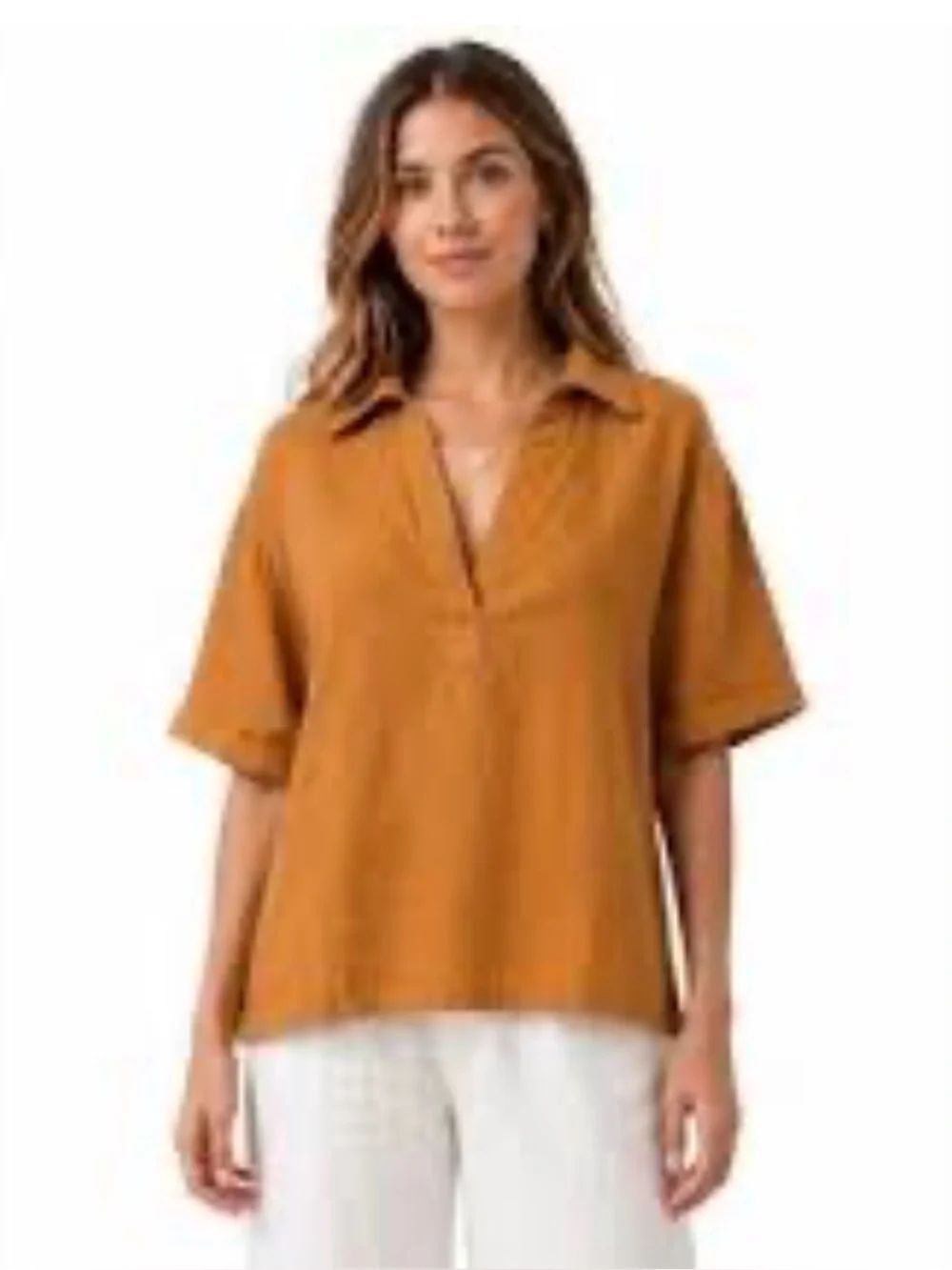 Magaschoni 100% Linen Fall Orange Split V Neck Collared Short Sleeve Shirt NEW